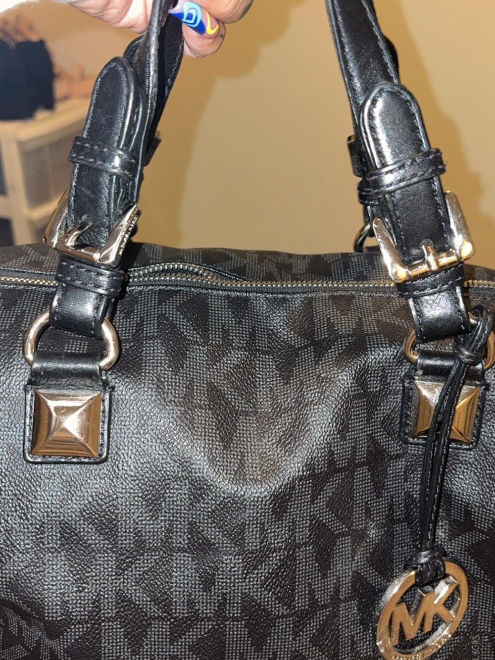 Michael Kors Black Logo Dome Satchel with Silver Hardware
